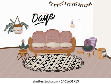 Stylish Scandic living room interior - sofa, armchair, coffee table, plants in pots, lamp, home decorations. Cozy Autumn seasone. Modern comfy apartment furnished in Hygge style. Vector illustratation