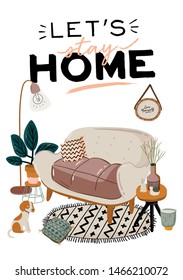 Stylish Scandic living room interior - sofa, armchair, coffee table, plants in pots, lamp, home decorations. Let's stay home. Modern comfy apartment furnished in Hygge style. Cozy Vector illustration