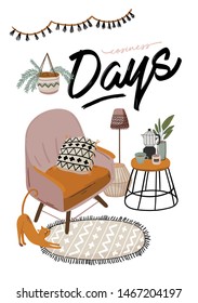 Stylish Scandic living room interior - sofa, armchair, coffee table, plants in pots, lamp, home decorations. Modern comfy apartment furnished in Hygge style. Cozy Vector illustration