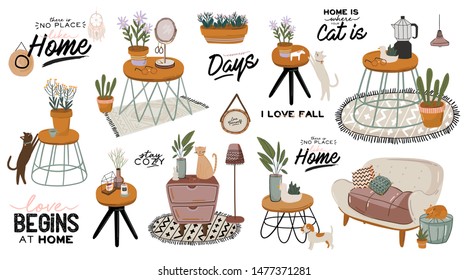 Stylish Scandic living room interior - sofa, armchair, coffee table, plants in pots, lamp, home decorations. Cozy Autumn season. Modern comfy apartment furnished in Hygge style. Vector illustration