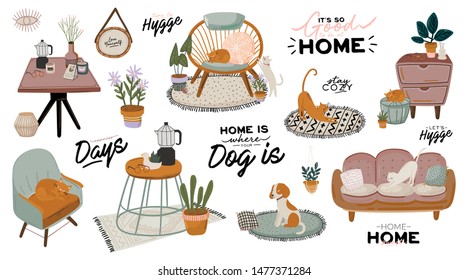 Stylish Scandic living room interior - sofa, armchair, coffee table, plants in pots, lamp, home decorations. Cozy Autumn season. Modern comfy apartment furnished in Hygge style. Vector illustration