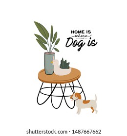 Stylish Scandic living room interior - sofa, armchair, coffee table, plants in pots, lamp, home decorations. Cozy Autumn. Modern comfy apartment furnished in Hygge style. Vector flat illustration.