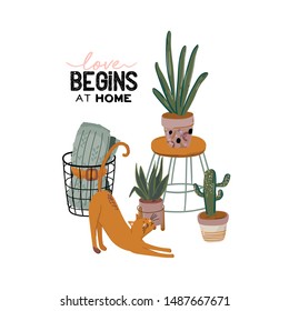 Stylish Scandic living room interior - sofa, armchair, coffee table, plants in pots, lamp, home decorations. Cozy Autumn. Modern comfy apartment furnished in Hygge style. Vector flat illustration.