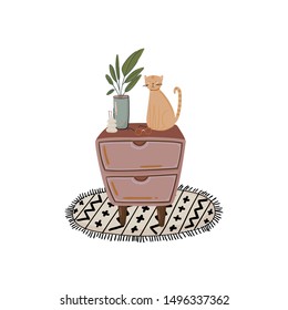 Stylish Scandic living room interior - sofa, armchair, coffee table, plants in pots, lamp, home decorations. Cozy Autumn. Modern comfy apartment furnished in Hygge style. Vector flat illustration.