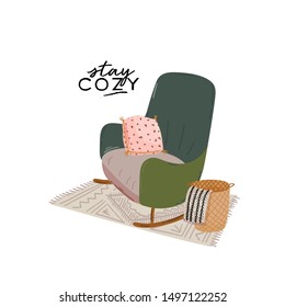 Stylish Scandic living room interior - sofa, armchair, coffee table, plants in pots, lamp, home decorations. Cozy Autumn. Modern comfy apartment furnished in Hygge style. Vector flat illustration.