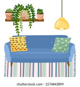 Stylish scandic living room interior - sofa on a carpet and potted plants. Home lagom decorations. Cozy season. Modern comfy apartment furnished in hygge style