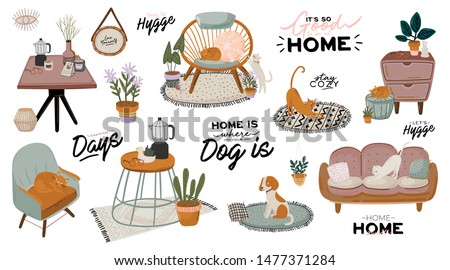Stylish Scandic living room interior - sofa, armchair, coffee table, plants in pots, lamp, home decorations. Cozy Autumn season. Modern comfy apartment furnished in Hygge style. Vector illustration