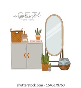 Stylish Scandinavian bathroom interior - bidet,tap, bath,toilet, sink, home decorations. Cozy modern comfy apartment furnished in Hygge style. Vector illustration