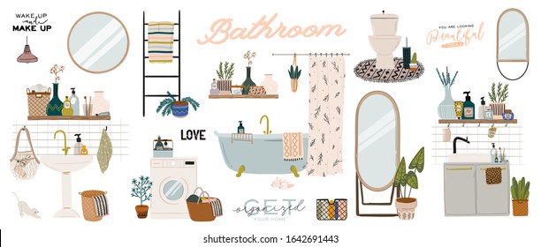 Stylish Scandinavian bathroom interior - bidet,tap, bath,toilet, sink,, home decorations. Cozy modern comfy apartment furnished in Hygge style. Vector illustration