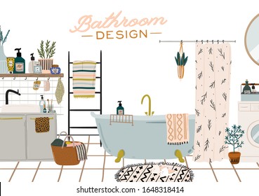 Stylish Scandinavian bathroom interior - bidet,tap, bath,toilet, sink,, home decorations. Cozy modern comfy apartment furnished in Hygge style. Vector illustration