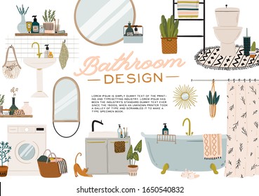 Stylish Scandinavian bathroom interior - bidet,tap, bath,toilet, sink,, home decorations. Cozy modern comfy apartment furnished in Hygge style. Vector illustration