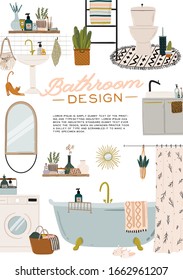 Stylish Scandinavian bathroom interior - bidet,tap, bath,toilet, sink,, home decorations. Cozy modern comfy apartment furnished in Hygge style. Vector illustration