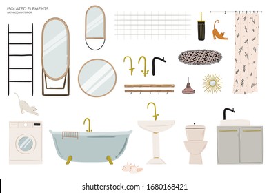 Stylish Scandinavian bathroom interior - bidet,tap, bath,toilet, sink,, home decorations. Cozy modern comfy apartment furnished in Hygge style. Vector illustration