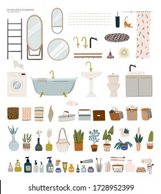 Stylish Scandinavian bathroom interior - bidet,tap, bath,toilet, sink, home decorations. Cozy modern comfy apartment furnished in Hygge style. Vector illustration