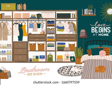 Elegante habitación escandinava - cama, sofá, armario, espejo, puesto nocturno, planta, lámpara, decoración casera. Acogedor y moderno apartamento amueblado en estilo Hygge. Ilustración vectorial. Aislado