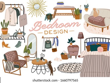 Stylish Scandinavian bedroom interior - bed, sofa, wardrobe, mirror, night stand, plant, lamp, home decorations. Cozy modern comfy apartment furnished in Hygge style. Vector illustration. Isolated