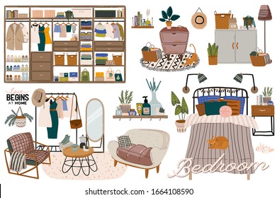 Stylish Scandinavian bedroom interior - bed, sofa, wardrobe, mirror, night stand, plant, lamp, home decorations. Cozy modern comfy apartment furnished in Hygge style. Vector illustration. Isolated