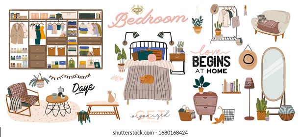 Stylish Scandinavian bedroom interior - bed, sofa, wardrobe, mirror, night stand, plant, lamp, home decorations. Cozy modern comfy apartment furnished in Hygge style. Vector illustration. Isolated