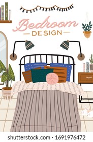 Stylish Scandinavian bedroom interior - bed, sofa, wardrobe, mirror, night stand, plant, lamp, home decorations. Cozy modern comfy apartment furnished in Hygge style. Vector illustration. Isolated
