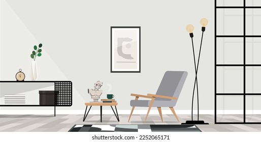 Stylish scandinavian composition of living room with grey armchair, in modern home decor.