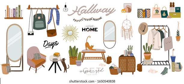 Stylish Scandinavian entrance hall interior and home decorations. Female clothes in  wardrobe. Clothing organization and storage. Vector illustration for women shop, boutique, store.