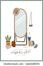 Stylish Scandinavian entrance hall interior and home decorations. Female clothes, mirror, basket. Clothing organization and storage. Vector illustration for women shop, boutique, store.