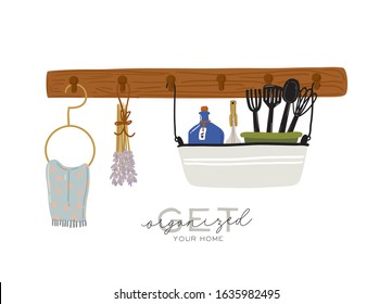 Stylish Scandinavian Kitchen Interior - Stove, Table, Kitchen Utensils, Fridge, Home Decorations. Cozy Modern Comfy Apartment Furnished In Hygge Style. Vector Illustration