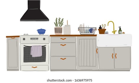 Stylish Scandinavian kitchen interior - stove, table, kitchen utensils, fridge, home decorations. Cozy modern comfy apartment furnished in Hygge style. Vector illustration