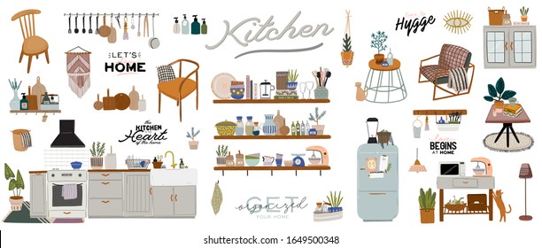 Stylish Scandinavian kitchen interior - stove, table, kitchen utensils, fridge, home decorations. Cozy modern comfy apartment furnished in Hygge style. Vector illustration