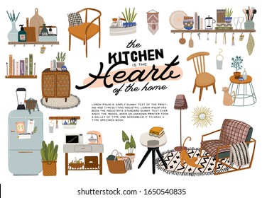 Stylish Scandinavian kitchen interior - stove, table, kitchen utensils, fridge, home decorations. Cozy modern comfy apartment furnished in Hygge style. Vector illustration