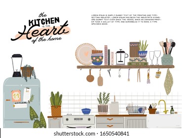 Stylish Scandinavian kitchen interior - stove, table, kitchen utensils, fridge, home decorations. Cozy modern comfy apartment furnished in Hygge style. Vector illustration