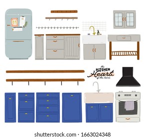 Stylish Scandinavian kitchen interior - stove, table, kitchen utensils, fridge, home decorations. Cozy modern comfy apartment furnished in Hygge style. Vector illustration