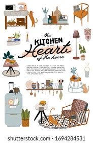 Stylish Scandinavian kitchen interior - stove, table, kitchen utensils, fridge, home decorations. Cozy modern comfy apartment furnished in Hygge style. Vector illustration