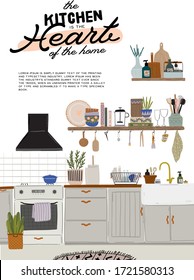 Stylish Scandinavian kitchen interior - stove, table, kitchen utensils, fridge, home decorations. Cozy modern comfy apartment furnished in Hygge style. Vector illustration