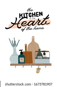 Stylish Scandinavian kitchen interior -  kitchen utensils, home decorations. Cozy modern comfy apartment furnished in Hygge style. Vector illustration