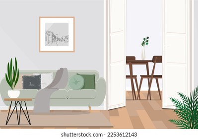 Stylish scandinavian living room with design mint sofa, furnitures, plants and elegant personal accessories.