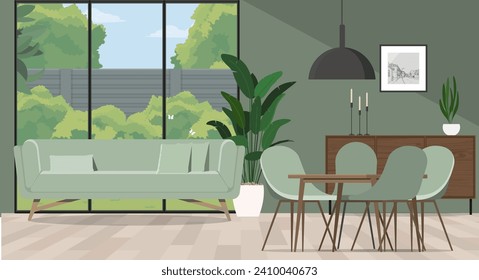 Stylish scandinavian living room and dining area with mint design sofa.