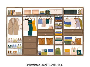 Stylish Scandinavian living room interior.  Female clothes in closet or wardrobe. Clothing organization and storage. Vector illustration