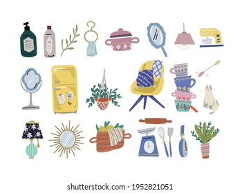 Stylish Scandinavian living room interior. Female clothes in closet or wardrobe. Clothing organization and storage. Vector illustration
