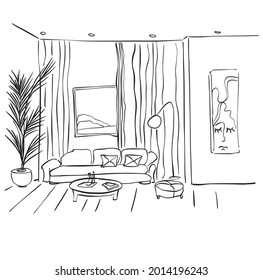 Stylish and scandinavian living room interior of modern apartment. Drawing sketch. Vector illustration.