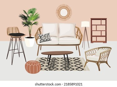 Stylish Scandinavian living room interior in boho style - sofa, armchair, coffee table, plants in pots, lamp, home decorations. Modern comfortable furnished apartment . Realistic Vector illustration.