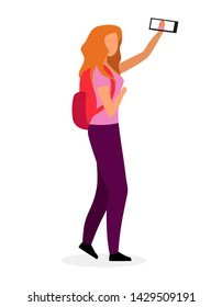 Stylish school girl taking selfie flat vector illustration. Modern teenage video blogger, vlogger, streamer, youtuber cartoon character. Teenager with backpack and smartphone going to school