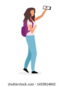 Stylish school girl taking selfie flat vector illustration. Modern teenage video blogger, vlogger cartoon character isolated on white background. Teenager with backpack and smartphone going to school