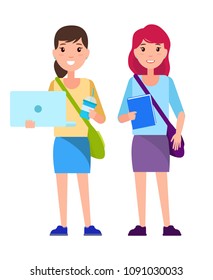 Stylish school girls students with handbags over shoulders, notebook, blue cup of coffee and textbook vector illustration cartoon characters isolated