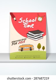 Stylish School Time flyer, template or banner design decorated with stationary and bus.