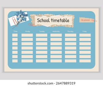 Stylish school timetable template with blue background and floral accents. Perfect for students to plan classes and organize their academic week. Vector