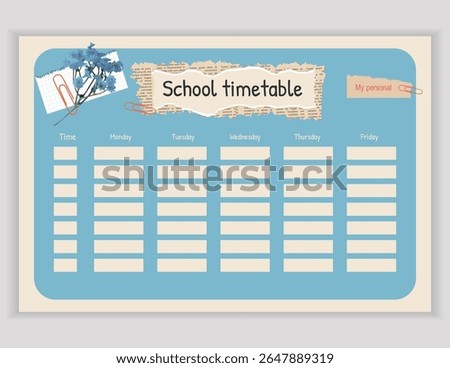 Stylish school timetable template with blue background and floral accents. Perfect for students to plan classes and organize their academic week. Vector