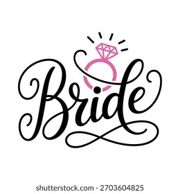 Uma fonte de script elegante soletra "Bride" com uma ilustração brilhante anel de diamante acima dele, perfeito para celebrações de casamento.