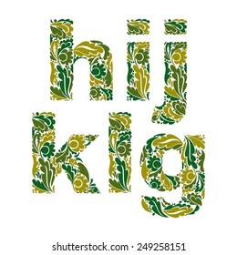 Stylish script with herbal ornament. Beautiful font with floral pattern, g, h, I, j, k, l.
