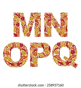 Stylish script with herbal ornament. Beautiful font with autumn pattern, M, N, O,P, Q.